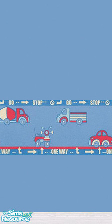 Sims 2 — Transport by Snowbelle — Blue wallpaper adn border set featuring cars, bikes and a cement mixer! Suitable for a