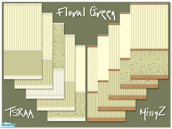 Sims 2 — Floral Green Wallpaper Set by MissyZ — Traditional wallpaper prints in complementary colors. ~*TSRAA*~