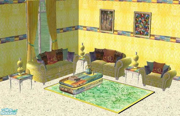 Sims 2 — Rainbow Batik Living Room by Riverwillows — Living room done in a rainbow batik pattern, matches my Rainbow