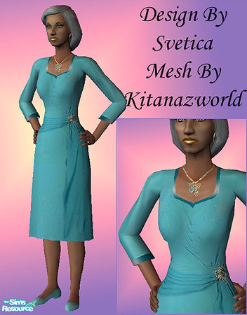 Sims 2 — Classy Elders- Turquoise silk dress by svetica7 — Turquoise silk dress with gold necklace and brooch. If you are