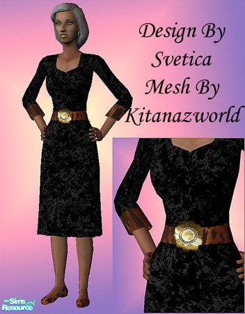 Sims 2 — Classy Elders - Black velvet & fur by svetica7 — Black velvet dress with (eco) jaguar fur. Fancy belt