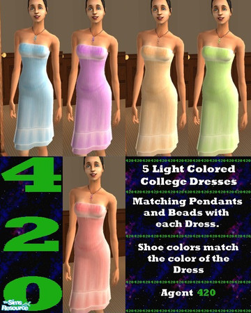 Sims 2 — 5 Light Colored College Dresses by Agent420 — A group of 5 very light colorful dresses. Each has a Matching pair