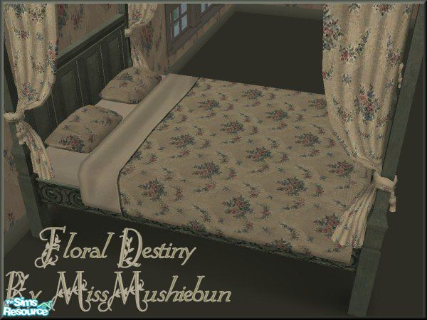 Sims 2 — Floral Destiny Bedding Cream by missmushiebun — This Beautiful Floral Bed Cover Matches my Floral Destiny Wall