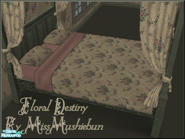 Sims 2 — Floral Destiny Bedding Pink by missmushiebun — This Beautiful Floral Bed Cover Matches my Floral Destiny Wall