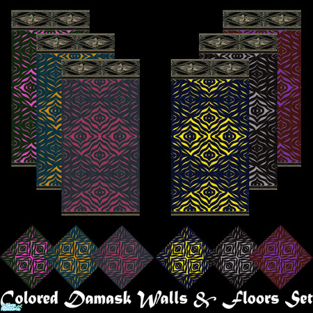 Sims 2 — Colored Damask Walls & Floors Set by Sheera — This set includes 12 items : 6 walls and their 6 matching