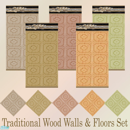 Sims 2 — Traditional Wood Walls & Floors Set by Sheera — This set includes 10 items : 5 walls with boarders and their