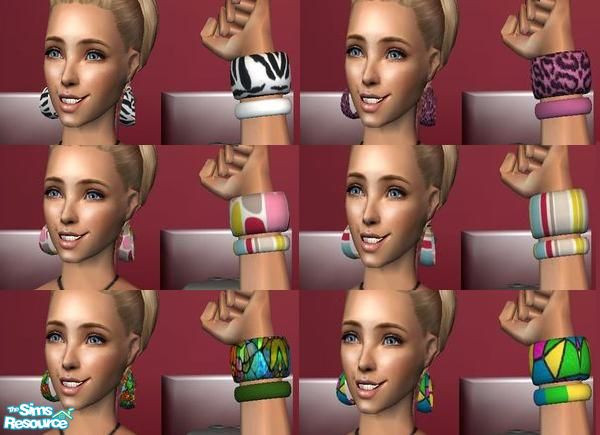 Sims 2 — Earrings and bracelets by janicap — Set contains 6 recolors of earrings and bracelet.For earrings you need mesh