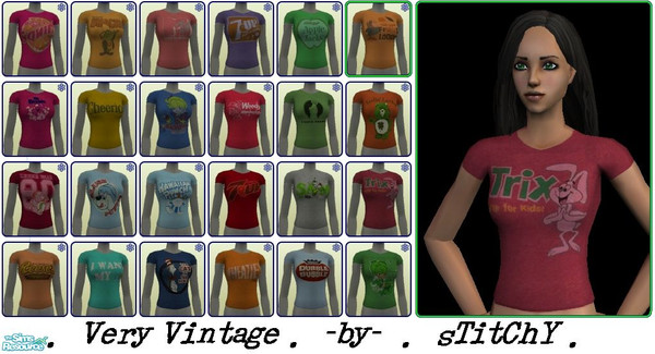 Sims 2 — Very Vintage T Shirts - Adult And Young by stitchy — 24 vintage style t shirts, for adult females. These will