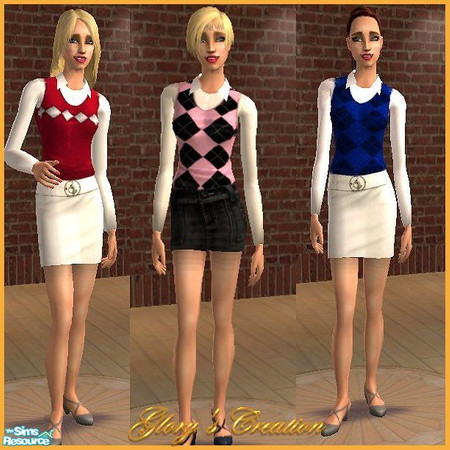 Sims 2 — Sweater Vest Set by GloryBe — Sweater vest with white colar shirt under.