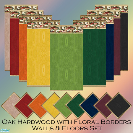 Sims 2 — Oak Hardwood with Floral Borders Walls & Floors Set by Sheera — This set includes 18 items : 9 walls with