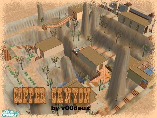Sims 2 — Copper Canyon by v00deux — This home is split into rooms on different levels of the canyon's sides, with winding