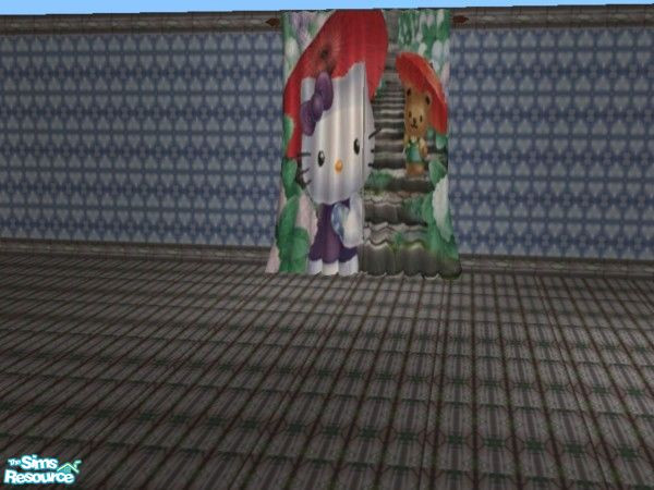 Sims 2 — Kitty in Garden curtains by ead425 — 22 items, 2 wall, 2 floors: bath door, wall lamp,mirror, braided rug,