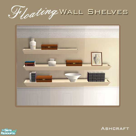 Sims 2 — Floating Wall Shelves--White Art Objects by Cashcraft — 3-tier decorative floating wall shelves, in white,