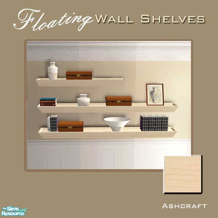 Sims 2 — Floating Wall Shelves--Light Wood by Cashcraft — 3-tier decorative floating wall shelves, in white, light,