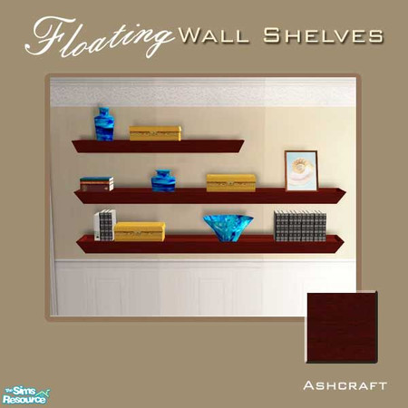 Sims 2 — Floating Wall Shelves--Dark Wood by Cashcraft — 3-tier decorative floating wall shelves, in white, light, medium