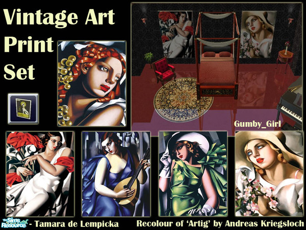 Sims 2 — Vintage Art Print Set by Gumby_Girl — 5 recolours of \'Artig\' by Andreas Kriegsloch from the Freetime EP.