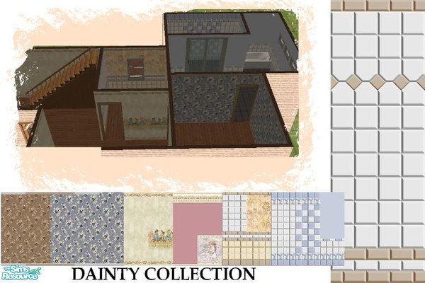 Sims 2 — Dainty Collection by Lorah — Blue, pink, beige, white, tile, wallpaper, paint, flowers, teddies and more.