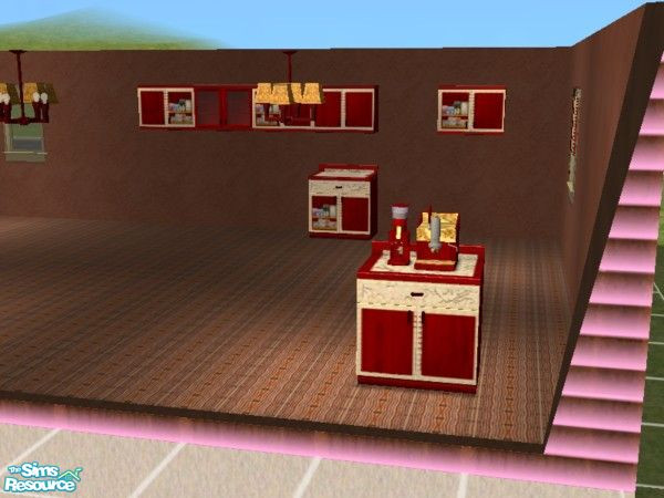Sims 2 — Red Dragon Kitchen espresso by ead425 — set includes: 1 wall,13 items: 3 counters, ceiling lamp, blinds, dining
