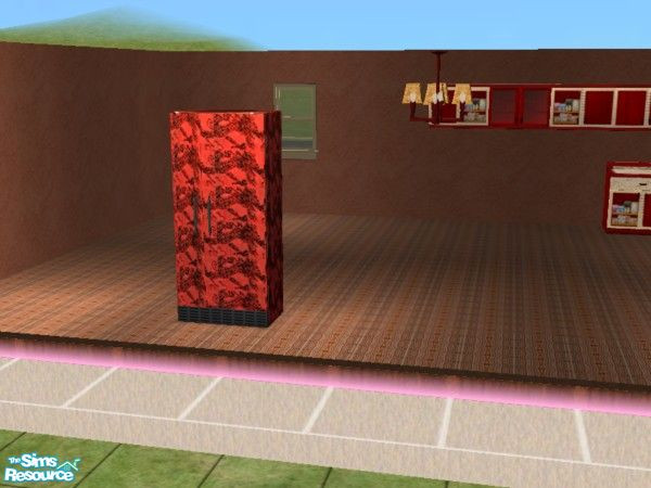 Sims 2 — Red Dragon Kitchen fridge by ead425 — set includes: 1 wall,13 items: 3 counters, ceiling lamp, blinds, dining