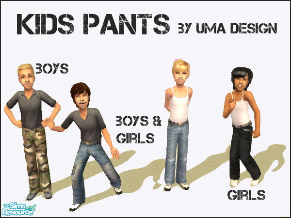 Sims 2 — Mixed Pants for Kids - Set by Uma Design — Kids get dirty all the time, so they need to have extra pants. Both