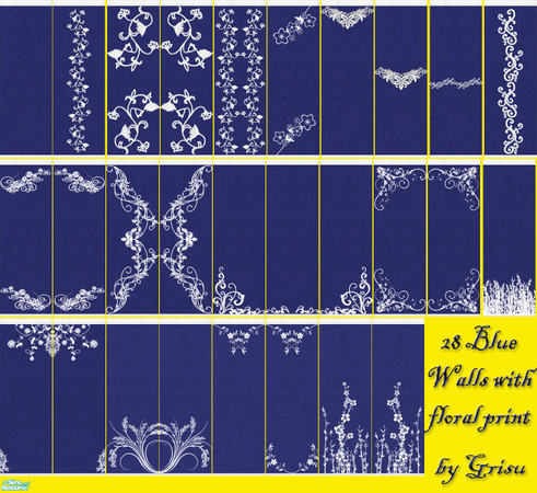 Sims 2 — Blue and White Set by Grisu — Set consists of 28 different walls, all have a dark-blue wallpaper, slightly