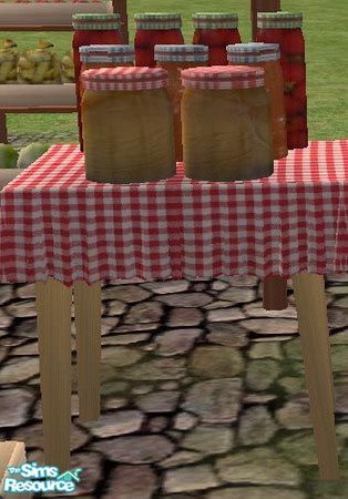 Sims 2 — Farmer\'s Market - Preserves Table MESH by Simaddict99 — UPDATED for OFB> Table with farm fresh preserves.