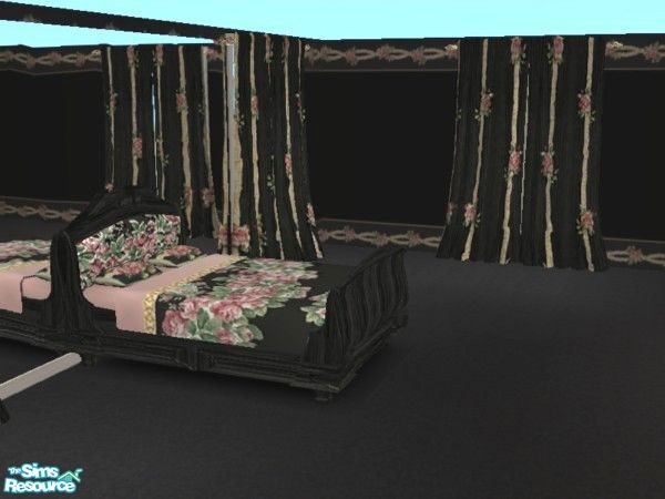Sims 2 — Roses and Ribbons Bed by ead425 — pink roses, black walls and floors, green accents:includes 9 items, 1 wall, 1