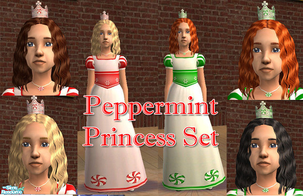 Sims 2 — Peppermint Princess Set by MetraGnome — A set of peppermint candy themed dresses and crowned hairstyles to dress