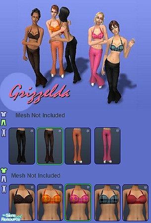 Sims 2 — Halters and Bell Bottoms by Grizzelda — This set of halter tops and bell bottom pants need the meshes