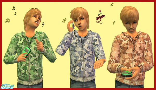 Sims 2 — Camouflage Hoodies by cariadbach — Three camouflage hooded sweatshirts for your Teen Sim. Can also be worn for