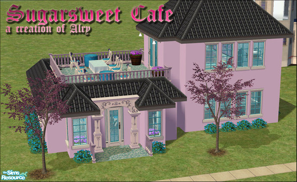 Sims 2 — Sugarsweet Cafe by alry — Teal and purple color theme, gives off a very \"sweet\" vibe. Kitchen, small