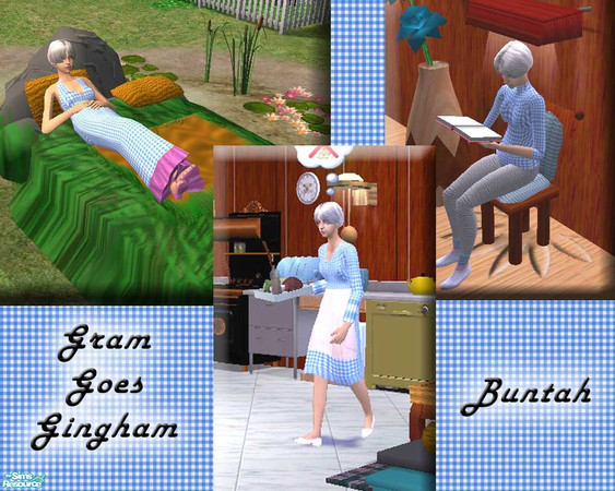 Sims 2 — Gram Goes Gingham by buntah — Three blue gingham outfits for Gram that use my three unsaggy gram meshes. (One