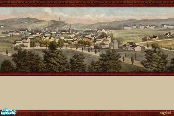 Sims 2 — Country Mural Tan by angylinni — Charming country village framed by darkwood moulding and a tan painted lower