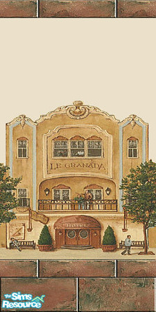 Sims 2 — Le Granada 1 by Lorah — Rust and green ceramic tile, picturesque oil of a hotel and guests on sand-stone white