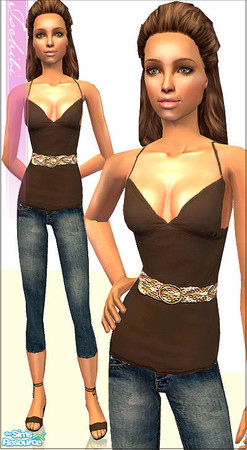 Sims 2 — teen outfit - brown top with jeans by justtschibi — outfit with caprijeans, a brown top and cute heels -You must