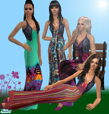 Sims 2 — Boho Babes by pretty_baby — 4 boho dresses complete with denin vest. Nightlife Ep is required. Other than that