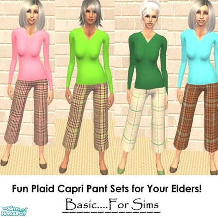 Sims 2 — Pretty Plaid Pant Sets for Your Elders by Basic....For Sims — A set of 4 pretty plaid, capri pant sets for your