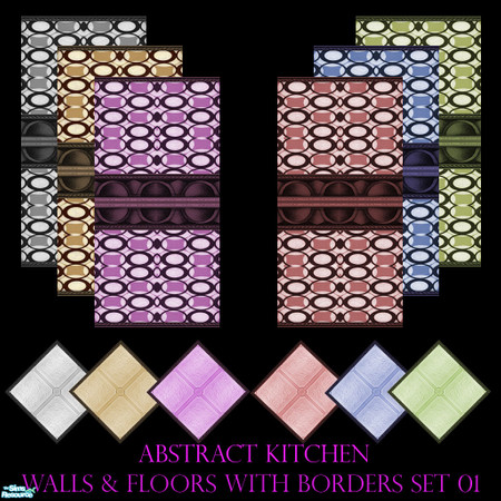 Sims 2 — Abstract Kitchen Walls & Floors with borders Set 01 by Sheera — This set includes 12 items : 6 walls and
