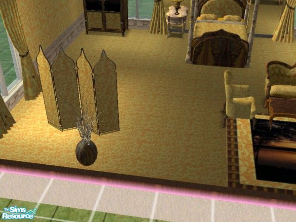 Sims 2 — Mellow Yellow Bedroom sculpted vase by ead425 — 13 items, 1 wall, 1 floor: 3 panel painting, bed, bookcase,