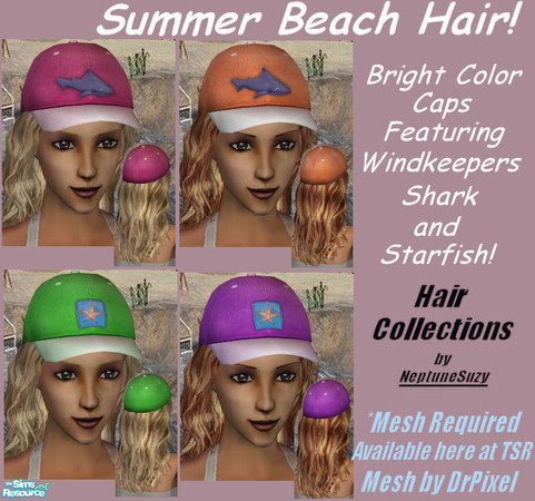 Sims 2 — NSC Hair Set23 - Summer Beach Party! by Neptunesuzy — Set of 4 Bright color beach caps, over long hair,