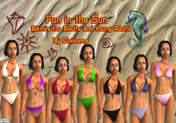 Sims 2 — Fun inthe Sun by Cloisonne — Fashionable Crochet style bikini's to complete any Summer beach party.For Adult and