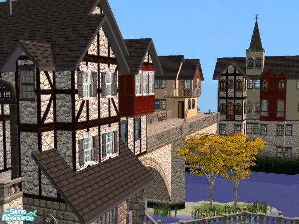 Sims 2 — Villeneuve sur Lot by Tiko — The medieval French town of Villeneuve, re-made as a main bridge and 3 high houses
