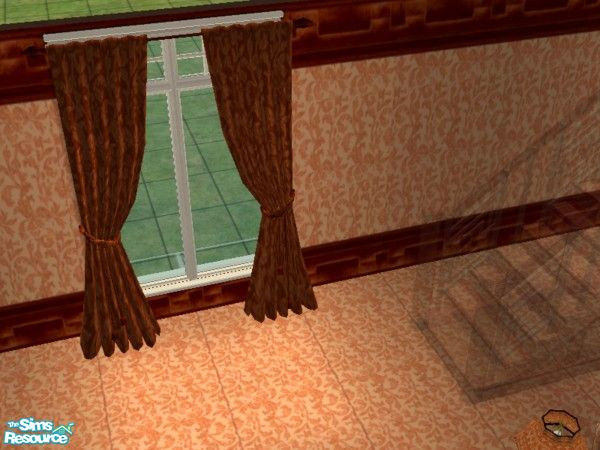 Sims 2 — Peach Desire Living Room curtains by ead425 — 13 items, wall and floor part of bedroom: bookcase, coffee table,