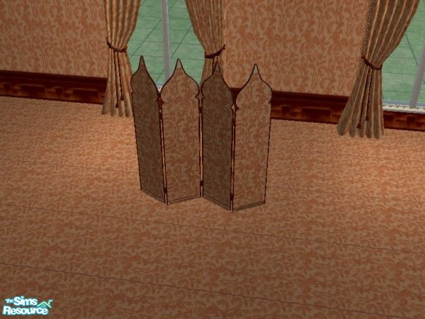 Sims 2 — Peach Desire Bedroom screen divider by ead425 — 13 items, 1 wall,1 floor: 3 panel painting, bed, bookcase,