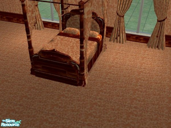 Sims 2 — Peach Desire Bed by ead425 — 13 items, 1 wall,1 floor: 3 panel painting, bed, bookcase, coffee table, curtains,