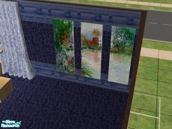 Sims 2 — Livingroom Blues 3 panel painting by ead425 — 15 items 1 wall 1 floor:fireplace, stairs, end table, coffee