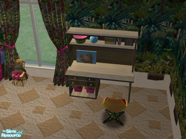 Sims 2 — Madagascar Gloria DeskwHutch by ead425 — Thanks to Dreamworks: 13 items: bookcase,curtains, desk, doll in chair,