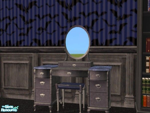 Sims 2 — Batty for Nightlife Vanity Table Wood Fr by c_literati — Faded wood frame and blue velvet stool for the vanity