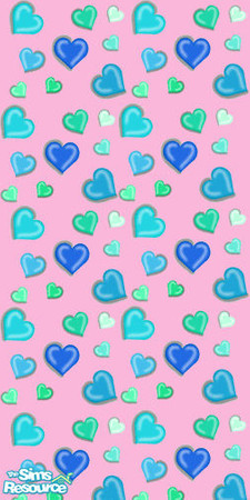 Sims 2 — Hearts4 by WytchFyr — Made by WytchFyr a pink wall covered in blue and green hearts of various shades and sizes.