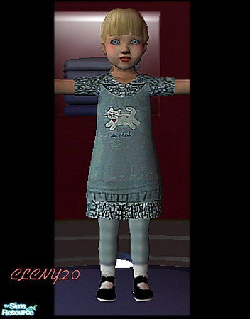 Sims 2 — Kitty Dress by clcny20 — As requested by Leah2004, a blue-green dress, with a cute embroidery of a kitty on the